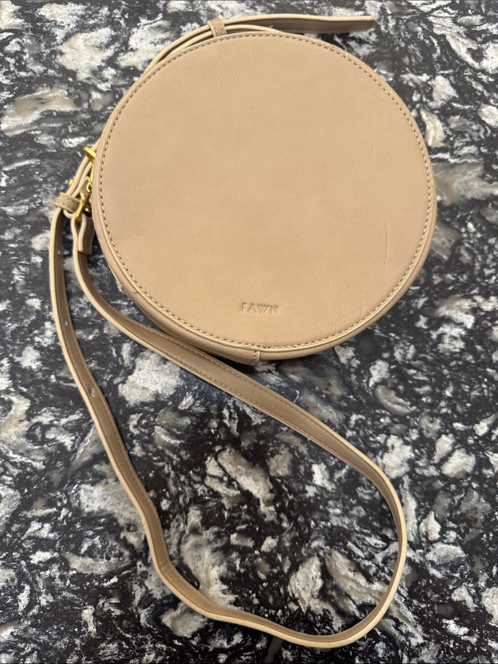 FAWN Faux Leather Round Crossbody Bag in Beige